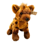 Spotted hyena plush toy with soft brown fur, dark spots and fluffy ears on a clean white background