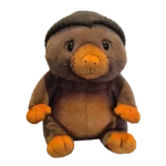 Soft plush platypus wearing a grey knitted beanie, with brown body, orange beak and feet, sitting upright on a clean gradient background.