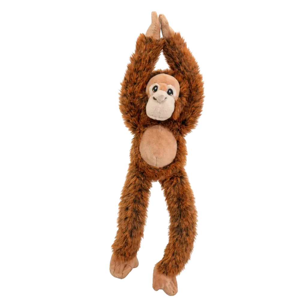 Plush orangutan toy with long brown-orange fur hanging down, arms and legs relaxed, beige face and belly, isolated on a transparent background.