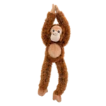 Plush orangutan toy with long brown-orange fur hanging down, arms and legs relaxed, beige face and belly, isolated on a transparent background.