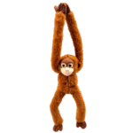Brown long-armed monkey orangutan plush toy with soft fur and big eyes, displayed hanging with raised arms on a white background.