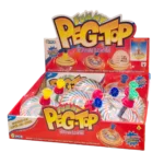 Colorful spinning top toys in display box with swirl pattern design