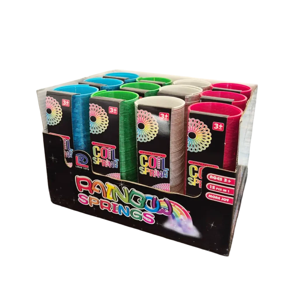Retail display box filled with assorted colorful coil spring toys in rainbow colors