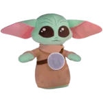Soft green Grogu alien child plush with large ears, big dark eyes, and a beige robe standing on a white background.