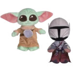 Two licensed plush toys side by side on a white background: a green big-eared alien child Grogu in a beige robe and a helmeted space warrior Mandalorian in grey armor with a cape.