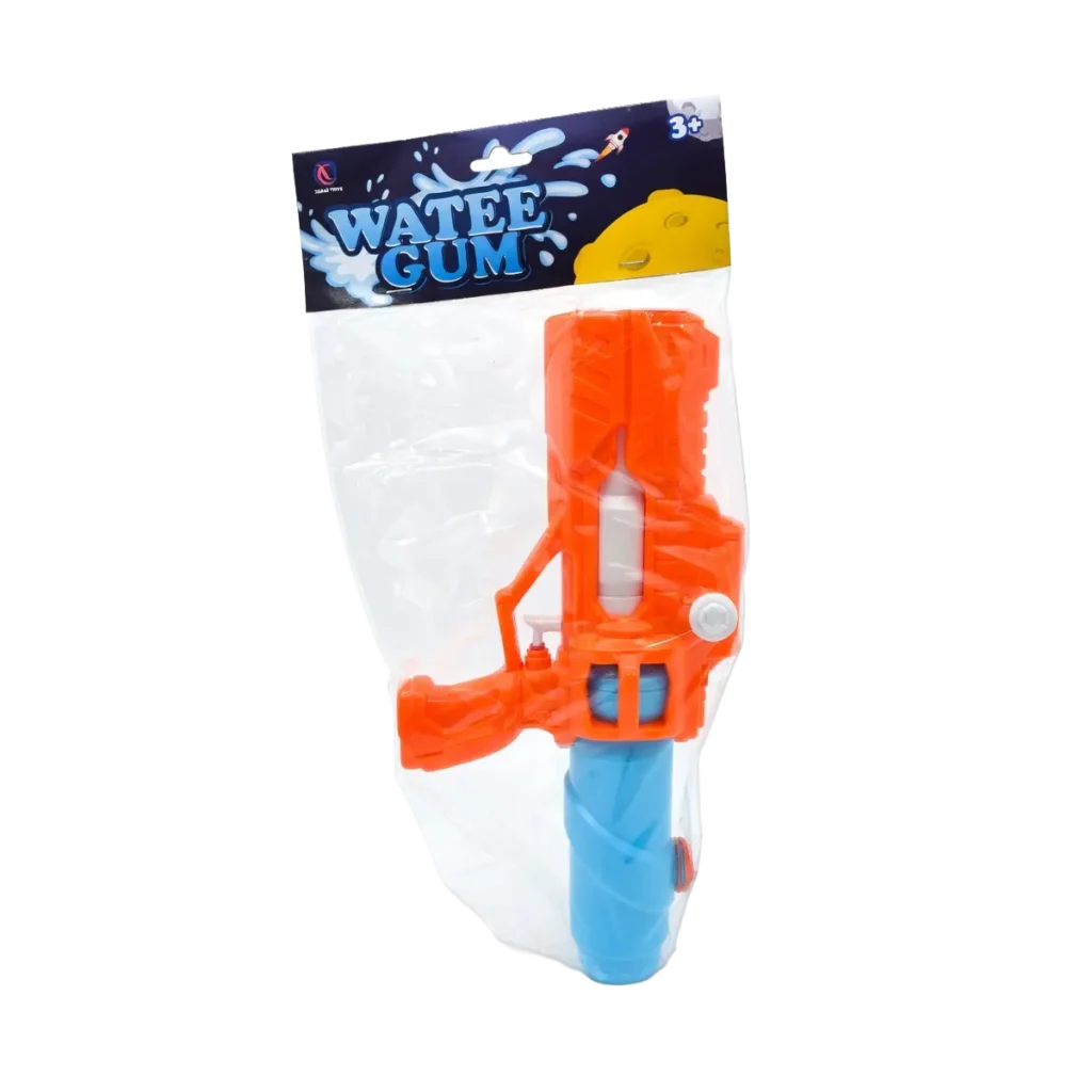 Plastic water gun toy in orange and blue packaging for outdoor play