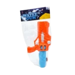 Plastic water gun toy in orange and blue packaging for outdoor play