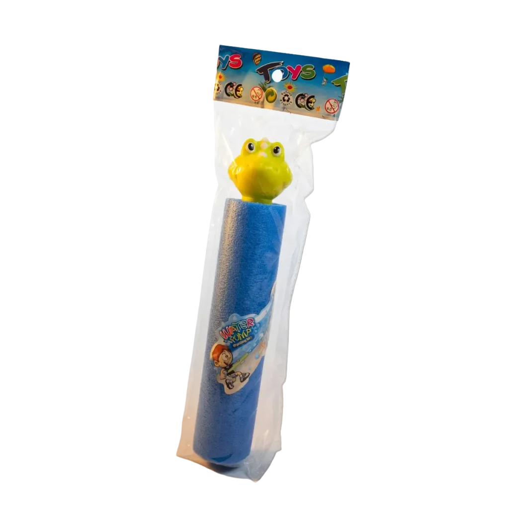 Foam water pump toy with frog-shaped handle in plastic packaging