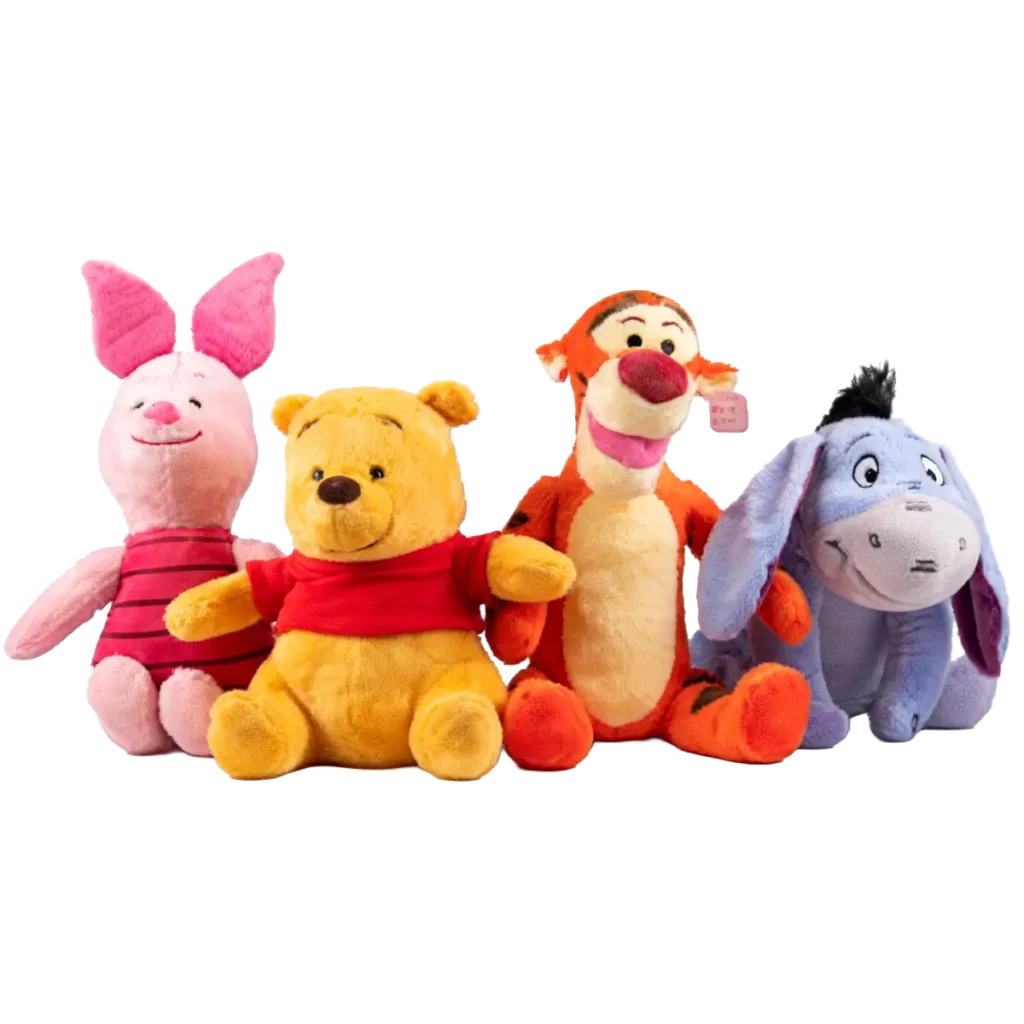 Set of four Winnie the Pooh plush characters including Piglet, Winnie the Pooh, Tigger, and Eeyore, sitting side by side in bright colors