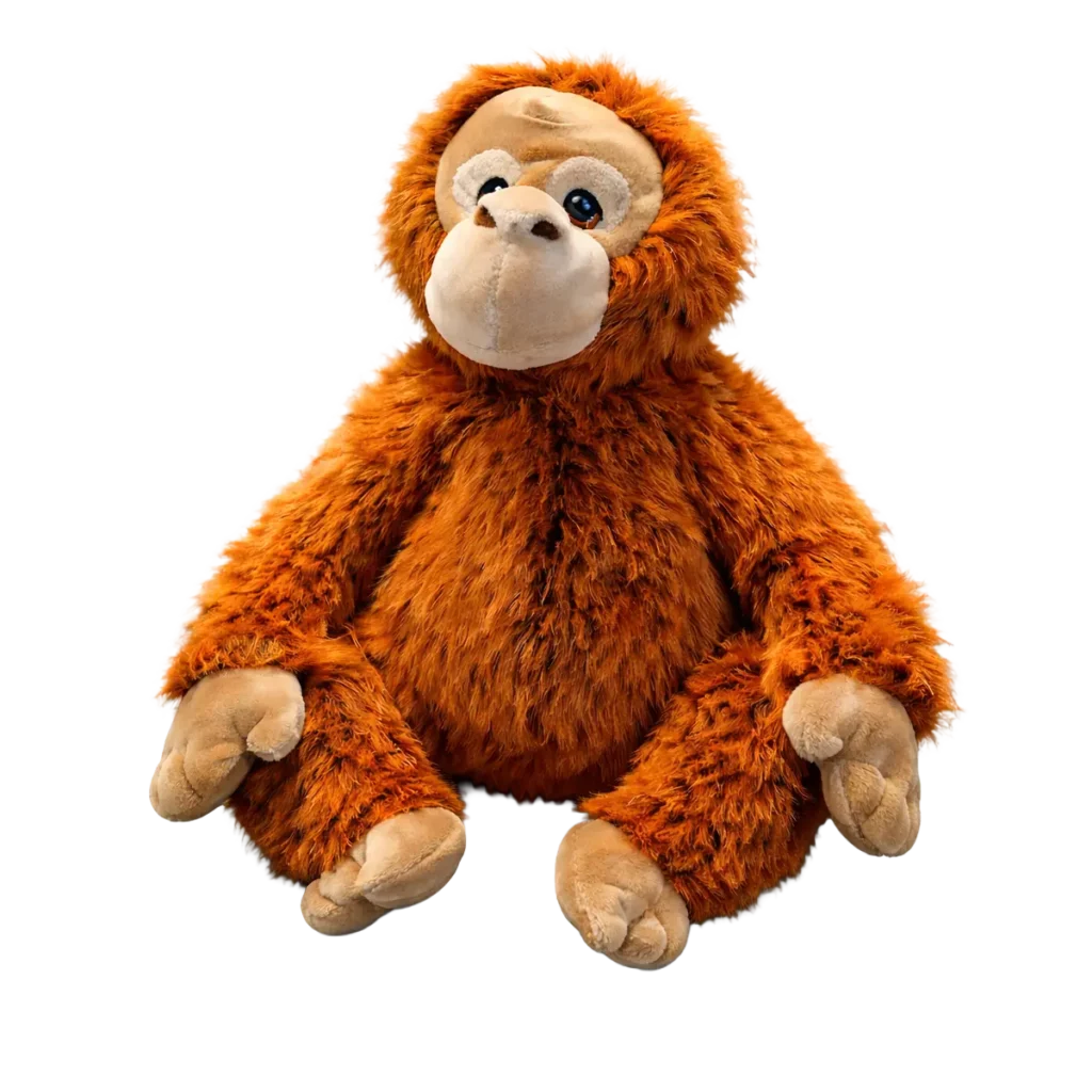 Plush orangutan toy with long orange-brown fur and beige face, sitting with arms and legs spread, isolated on a transparent background.