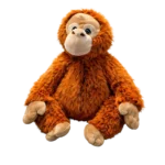 Plush orangutan toy with long orange-brown fur and beige face, sitting with arms and legs spread, isolated on a transparent background.