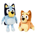 Assorted Bluey-inspired dog plush toys featuring two colorful cartoon-style dog characters with soft plush fabric and cheerful expressions.