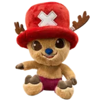 Tony Tony Chopper plush toy with a large red hat, brown antlers, and embroidered eyes sitting on a white background.