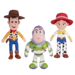Toy Story plush assortment featuring Woody, Buzz Lightyear, and Jessie on a white background.