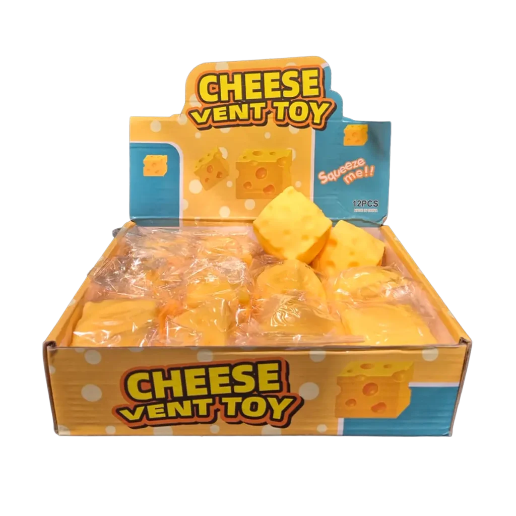 Yellow cheese-shaped squishy vent toy with realistic cheese hole details, displayed in retail packaging and designed for squeezing and sensory play.