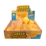 Yellow cheese-shaped squishy vent toy with realistic cheese hole details, displayed in retail packaging and designed for squeezing and sensory play.